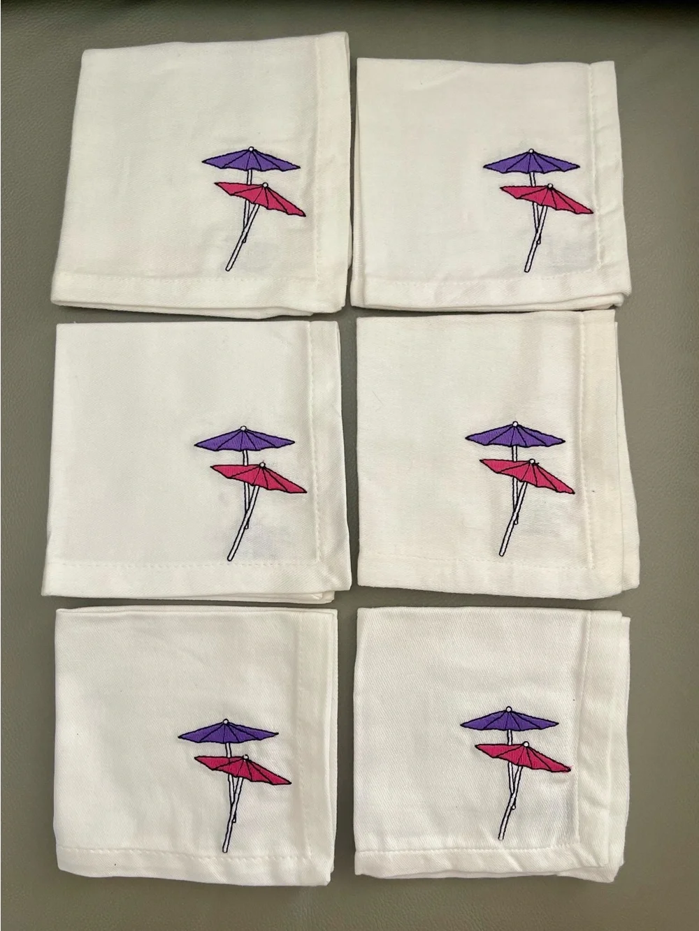 VTG Pier 1 White 100% Cotton Cocktail Napkins w/Umbrella Embroidery, Set of 6